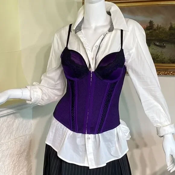 La SENZA Bustier Purple Black Lace Open Cross Back Medium - Picture 7 of 16